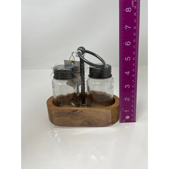 Glass Salt and Pepper Shakers with Wooden Holder NEW - Picture 2 of 3